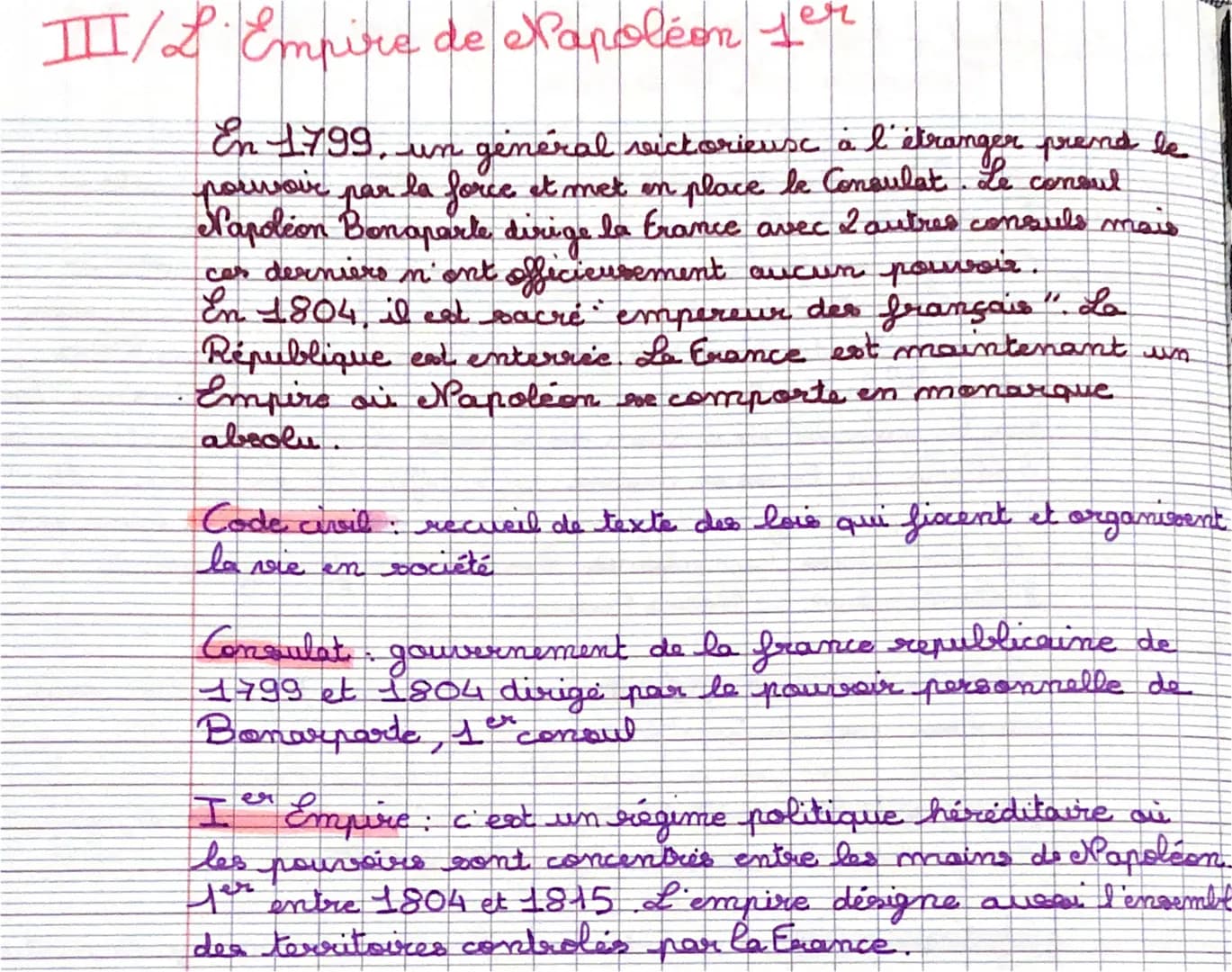 III/L'Empire de Napoléon per
En 1799, un general victorieuse à l'étranger prend le
pouvoir par la force et met en place le Consulat. Le cons