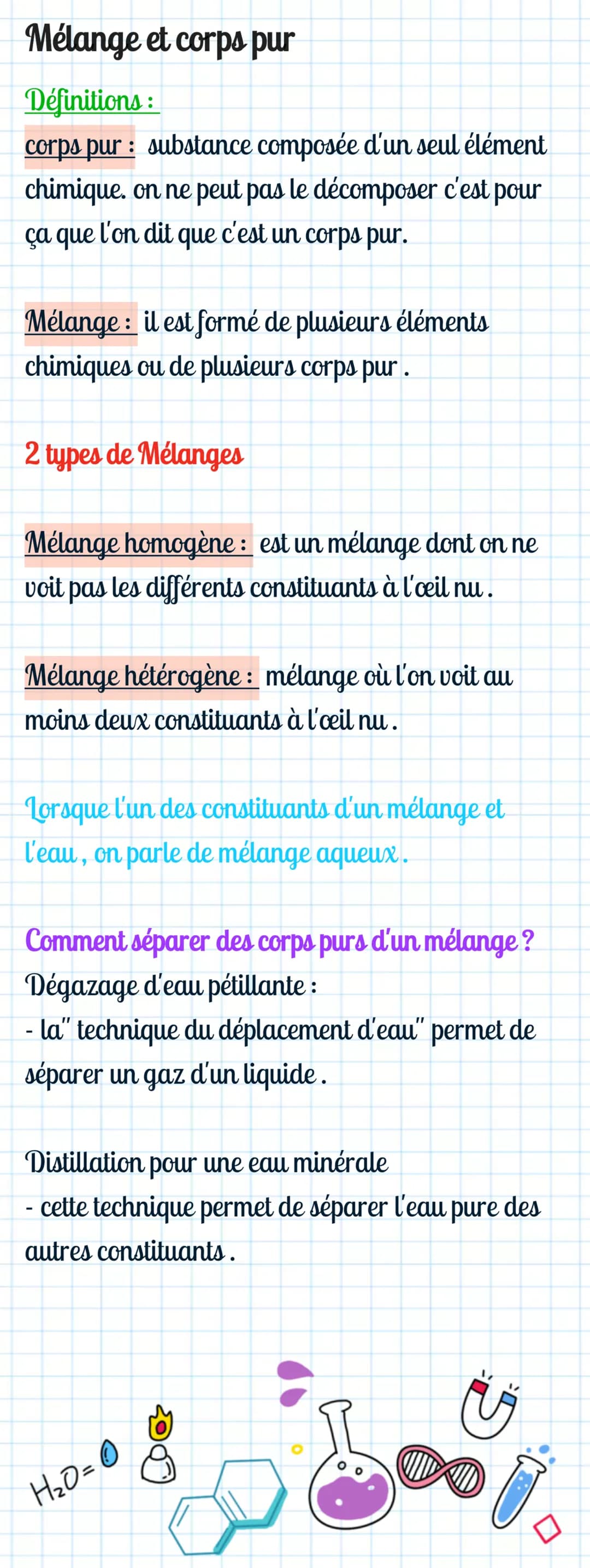 Mélange et corps pur
Définitions:
corps pur: substance composée d'un seul élément
chimique. on ne peut pas le décomposer c'est pour
ça que l