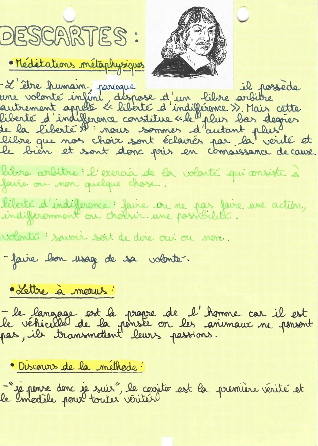 DESCARTES:
• Méditations métaphysiques
-L'être humain, parceque
il possède
une volonté infini dispose d'un libre arbitre.
autrement appelé <