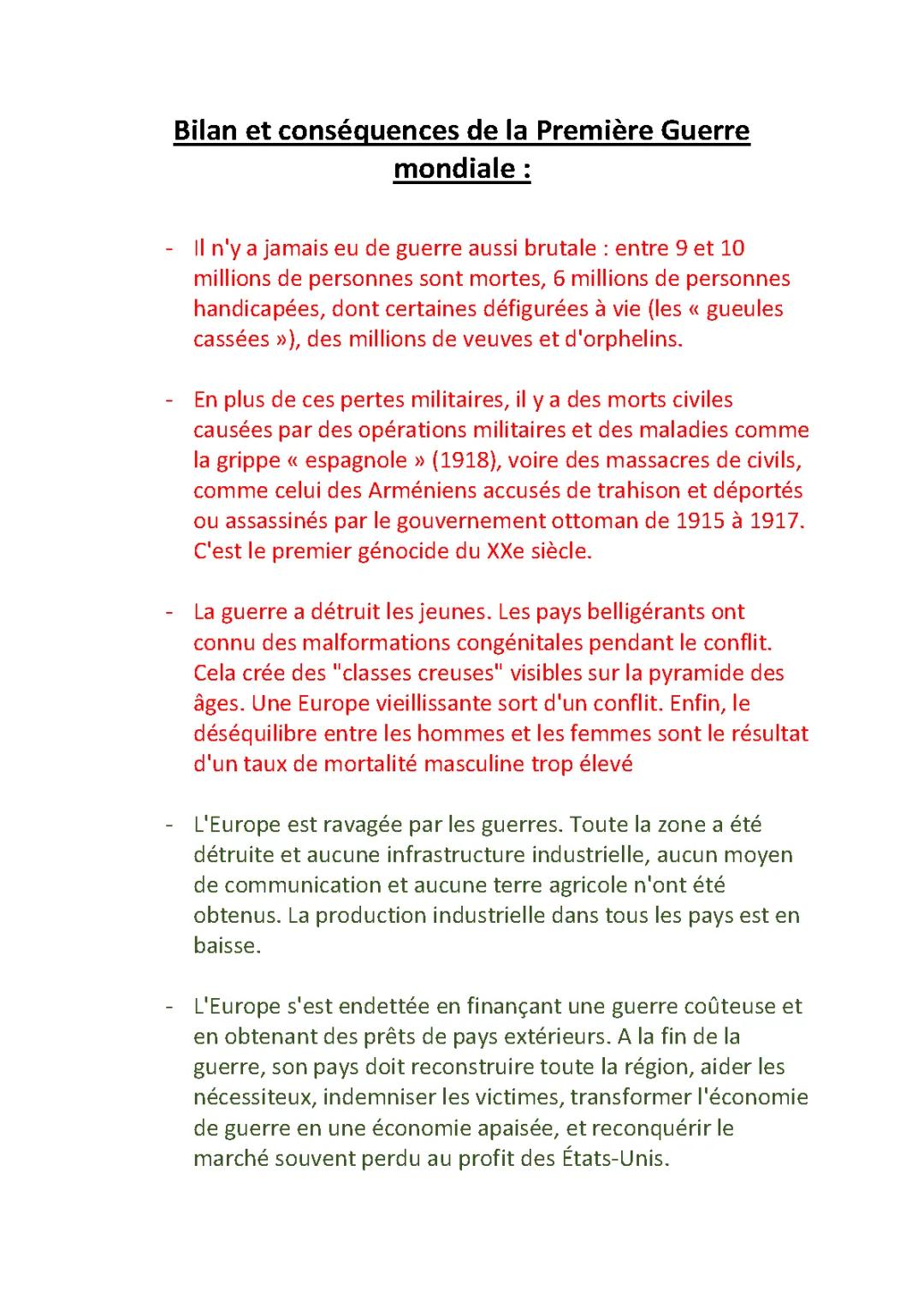 Bilan et conséquences de la Première Guerre mondiale