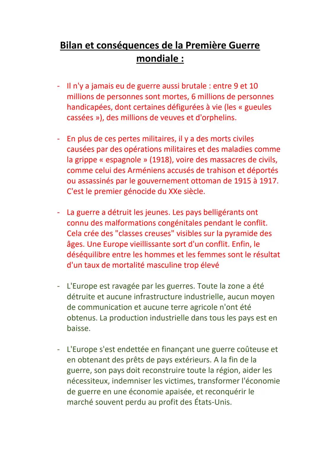 Bilan et conséquences de la Première Guerre
mondiale :
Il n'y a jamais eu de guerre aussi brutale : entre 9 et 10
millions de personnes sont