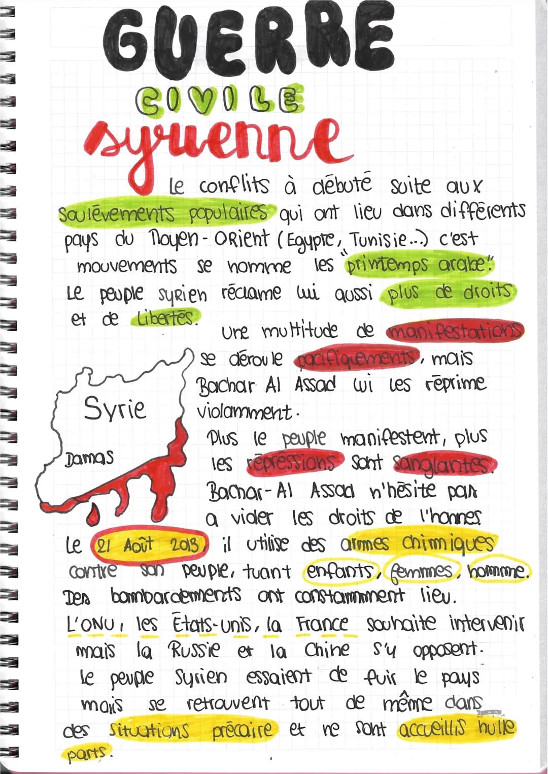 GUERRE
CIVILE
syrienne
le conflits à débuté suite aux
Soulevements populaires qui ont lieu dans différents
pays du Moyen-Orient (Egypte, Tun