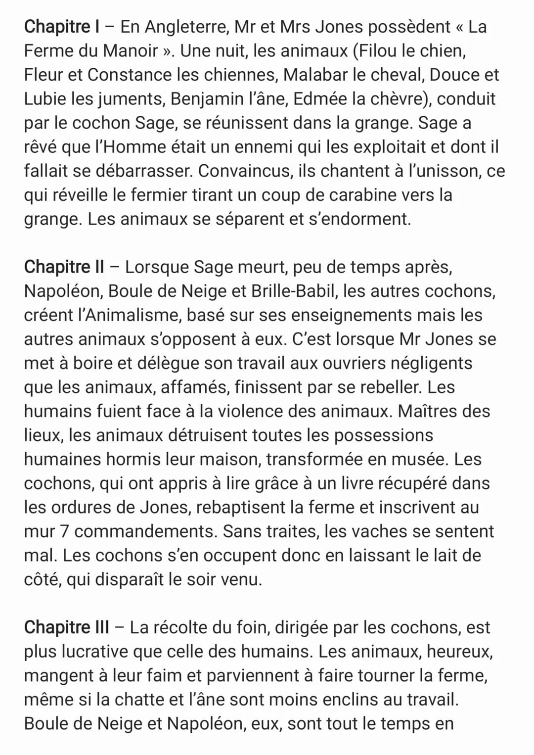Chapitre I - En Angleterre, Mr et Mrs Jones possèdent « La
Ferme du Manoir ». Une nuit, les animaux (Filou le chien,
Fleur et Constance les 