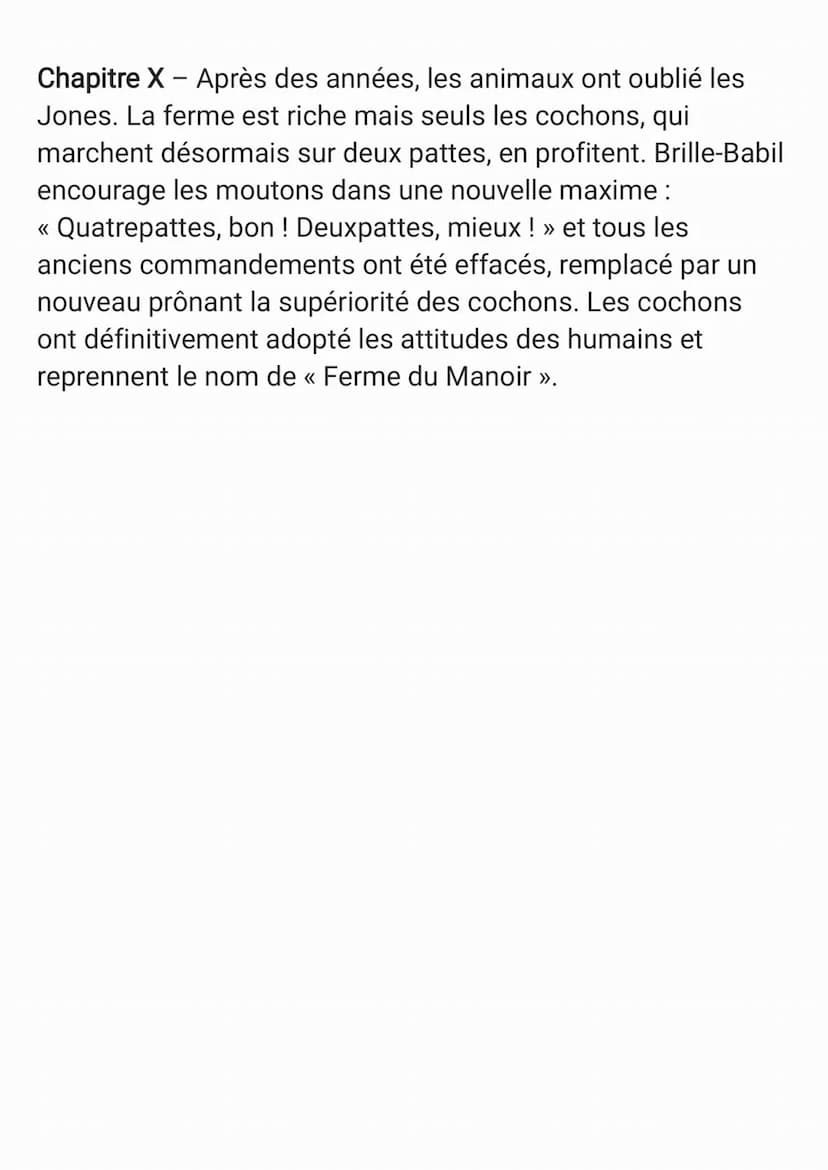 Chapitre I - En Angleterre, Mr et Mrs Jones possèdent « La
Ferme du Manoir ». Une nuit, les animaux (Filou le chien,
Fleur et Constance les 