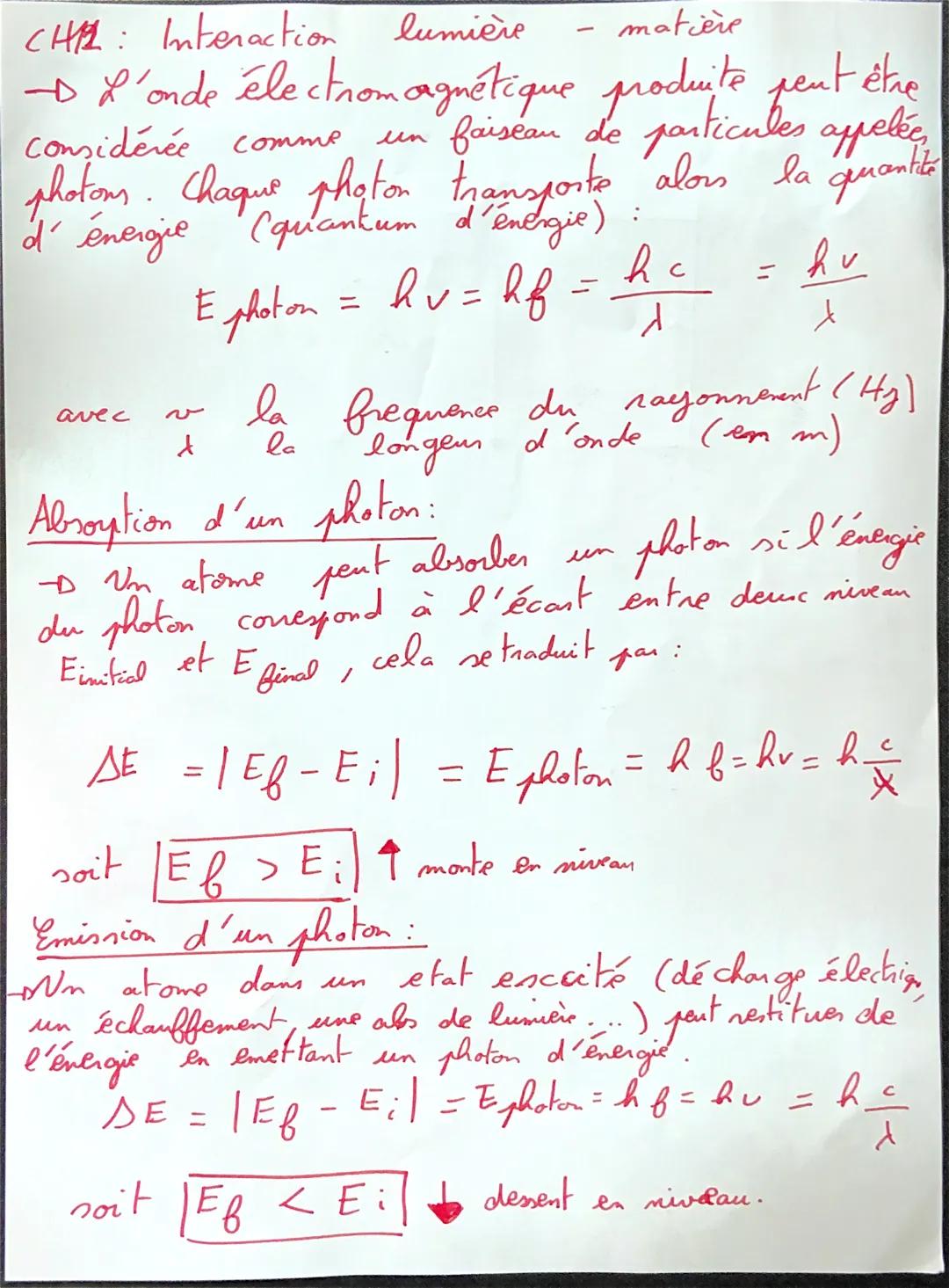 CHE: Interaction
lumière
matière
L'onde électromagnétique produite peut être
un faiseau de particules appelées
Considérée comme,
photons. Ch
