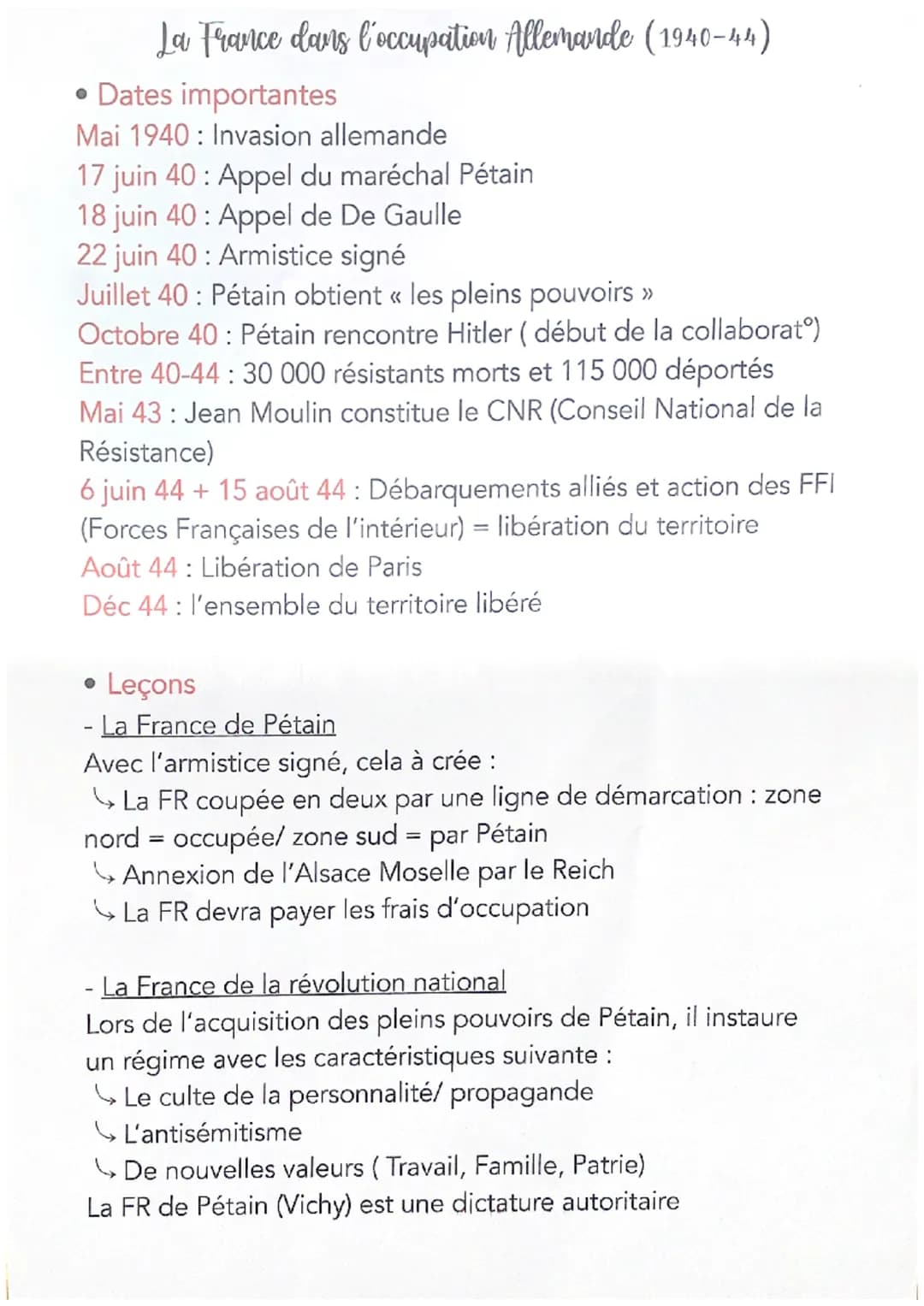 La France dans l'occupation Allemande (1940-44)
• Dates importantes
Mai 1940: Invasion allemande
17 juin 40: Appel du maréchal Pétain
18 jui