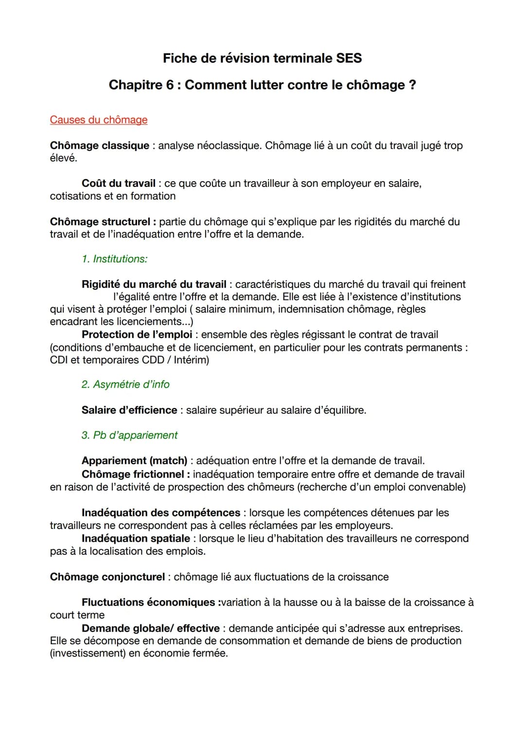 Fiche de révision terminale SES
Chapitre 6 : Comment lutter contre le chômage ?
Causes du chômage
Chômage classique : analyse néoclassique. 