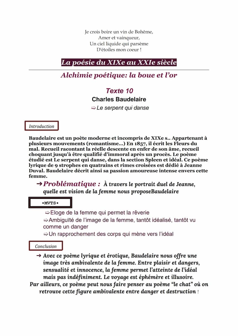 Les Fleurs du mal, Baudelaire
Parcours -Alchimie poétique: la boue et l'or
Lecture N°10
LE SERPENT QUI DANSE
Que j'aime voir, chère indolent