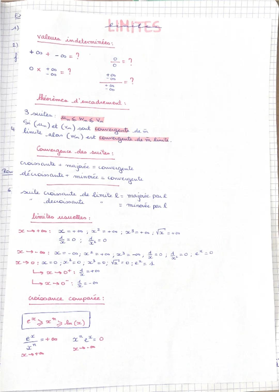 E
A)
2)
limites
valeurs indeterminées:
+8+
181
Ox
+4
=
81
?
?
응
84
8
84
8
?
14
théorèmes d'encadrement:
3 suites: < Wm < Vm
Si (un) et (vn) 