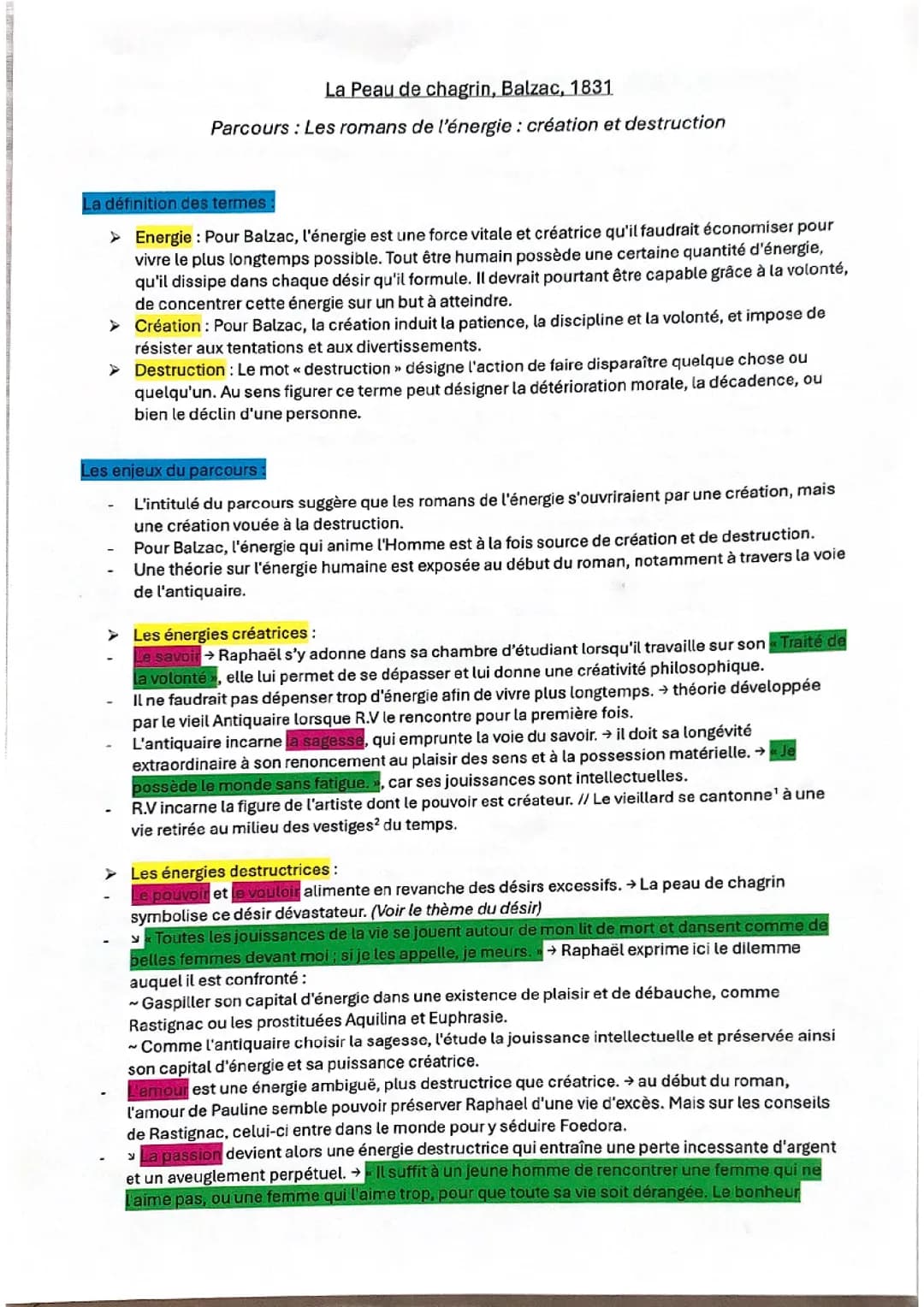 1re: fiche de révision, dissertation « La Peau de Chagrin »