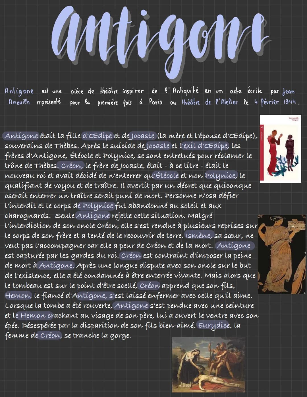 antigone
Antigone est une pièce de théâtre inspirer de l'Antiquité
la première fois à Paris
Anouilh représenté pour
en un acte écrite
par Je
