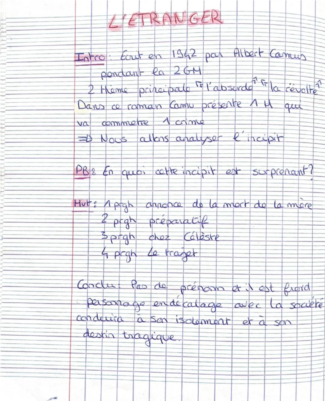 L'ETRANGER
Intro: Eout en 1942 par Albert Camus
pondant la 2GM
2 theme principalo l'absurde la revolte
Dans ce roman Camu présente que
va co