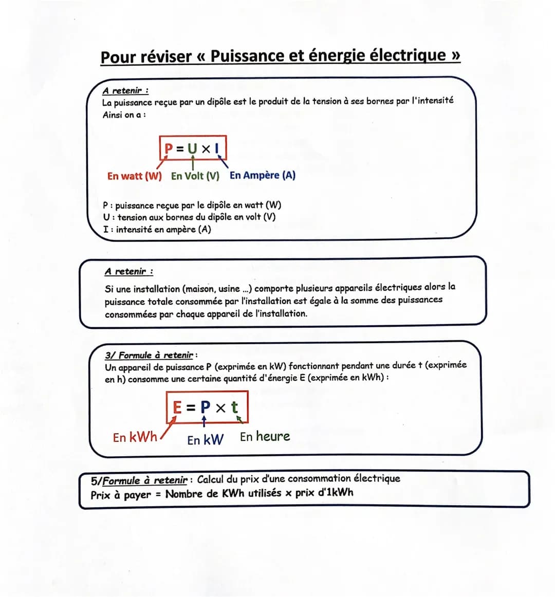 Pour réviser << Puissance et énergie électrique >>
A retenir :
La puissance reçue par un dipôle est le produit de la tension à ses bornes pa