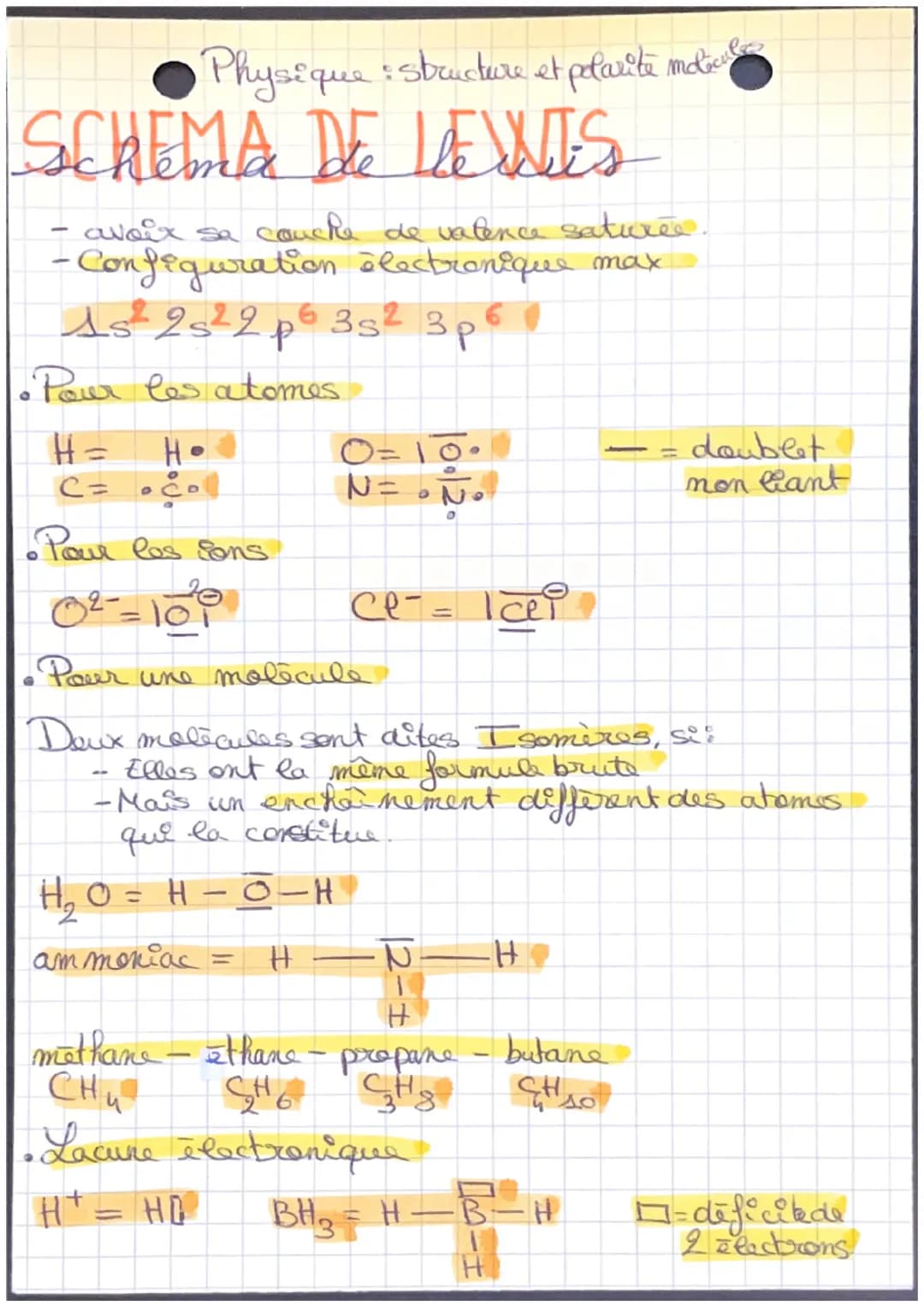 • Physique : structure et polarite molecul
SCHEMA DE LEWIS
avoir sa couche de valence saturée.
-Configuration électronique max
As² 2s² 2p6 3