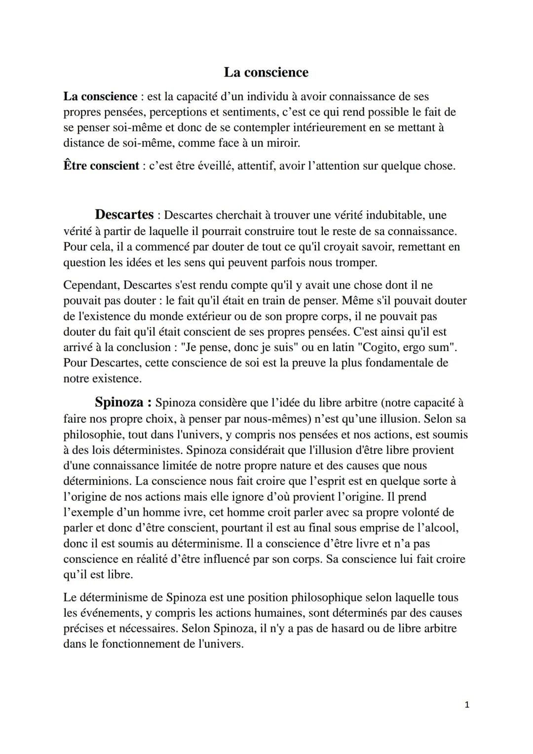 La conscience
La conscience est la capacité d'un individu à avoir connaissance de ses
propres pensées, perceptions et sentiments, c'est ce q