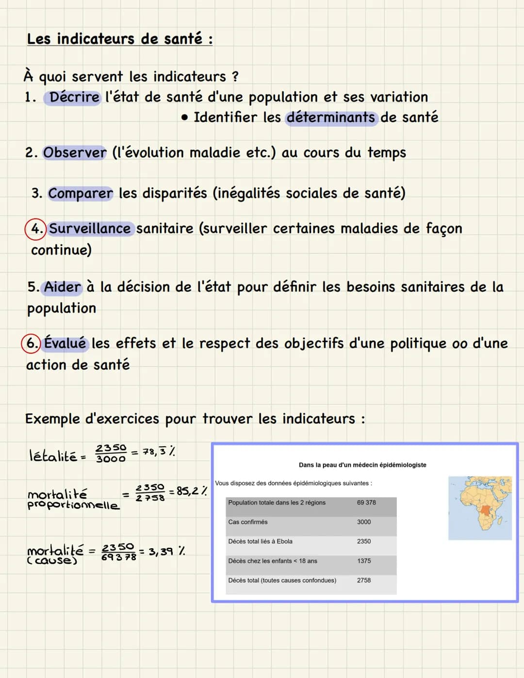 Les indicateurs de santé :
À quoi servent les indicateurs ?
1. Décrire l'état de santé d'une population et ses variation
• Identifier les dé