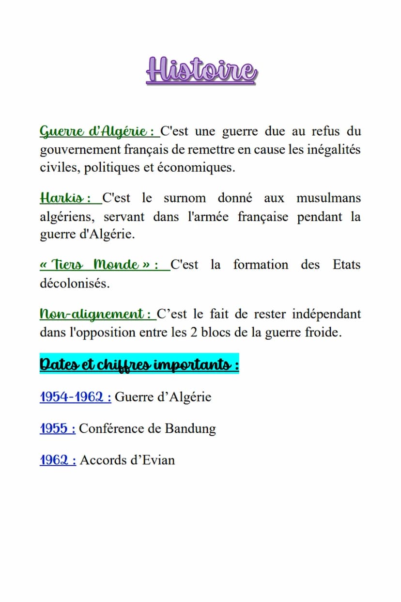 Histoine II)
Thème 2: L'indépendance
Définitions:
« Pieds-noirs » : Ce sont des personnes d'origine
européenne vivant en Algérie.
Colonie de