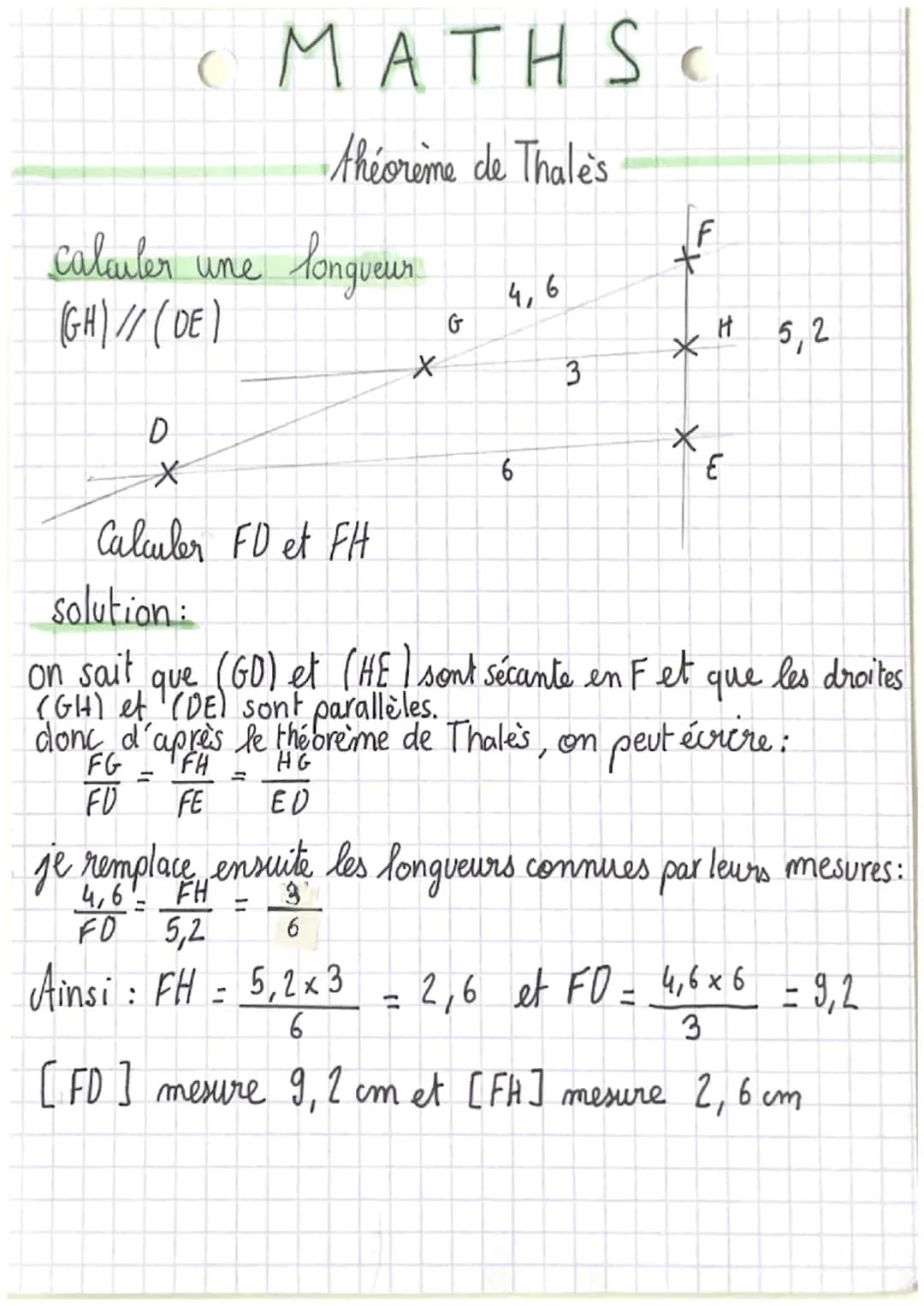 C MATH S
théorème de Thale's
calculer une
(GH) // (DE)
longueur
D
x
Calculer FD et FH
-
X
G
4,6
=
6
لا
3
C
F
+
2,6 et FO=
X
solution:
on sai