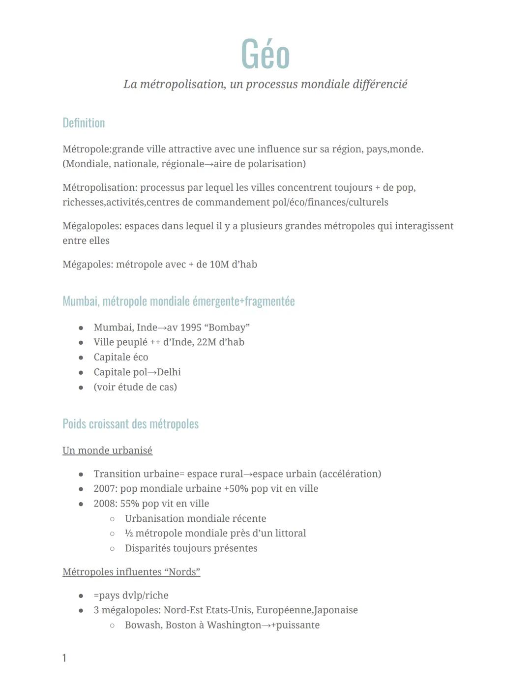 Definition
Métropole:grande ville attractive avec une influence sur sa région, pays,monde.
(Mondiale, nationale, régionale-aire de polarisat