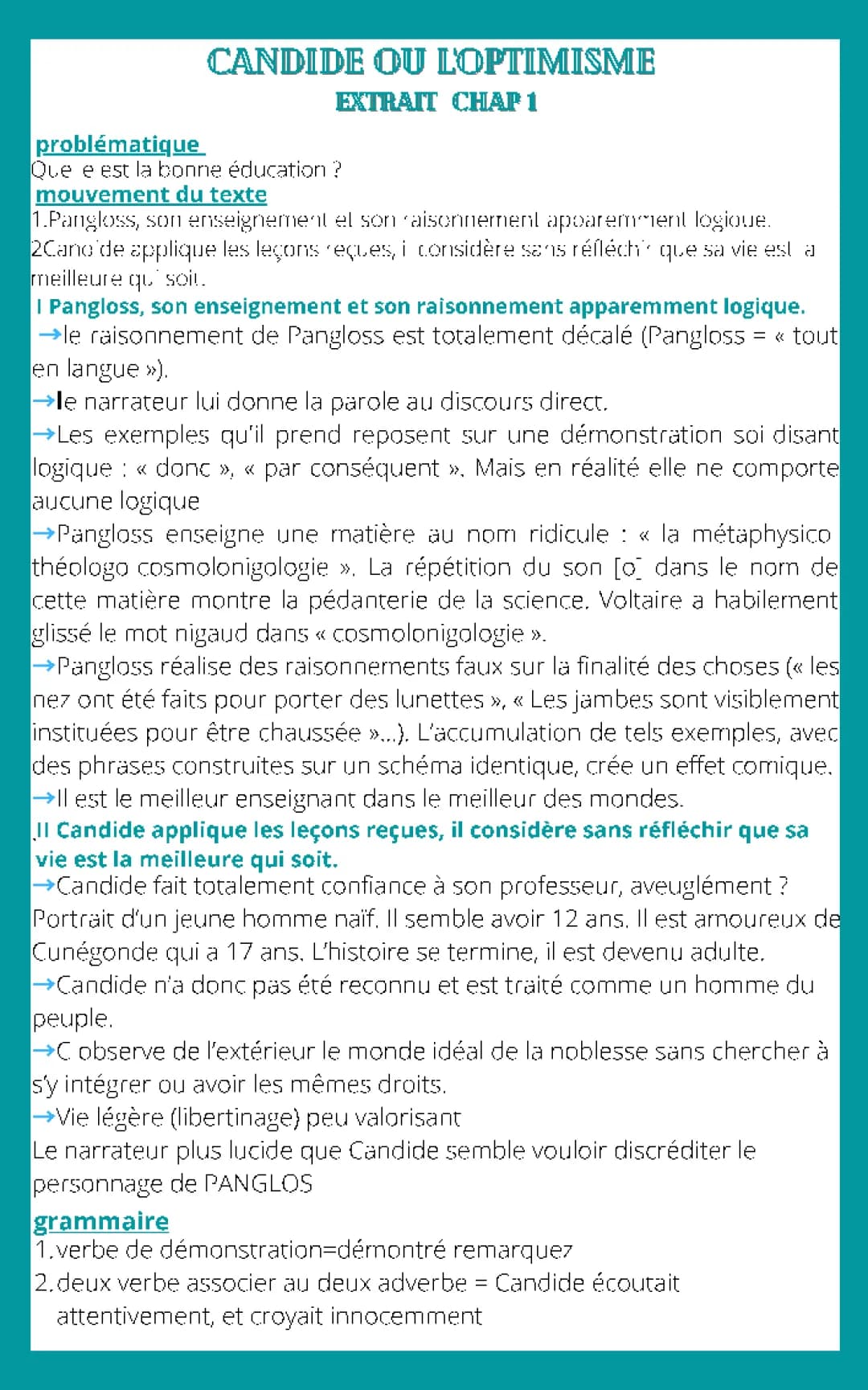 Candide ou l'Optimisme Chapitre 1 : Analyse et Problématiques