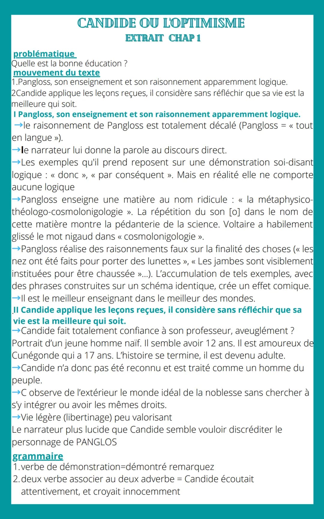 CANDIDE OU L'OPTIMISME
EXTRAIT CHAP 1
problématique
Quelle est la bonne éducation ?
mouvement du texte
1.Pangloss, son enseignement et son r
