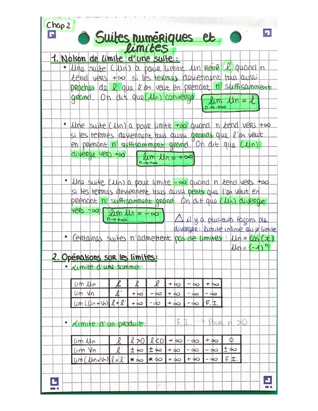 I
Chap 2
1. Notion de limite d'une suite:
Uno suite (lo) a pour limite un Reel I quand n
tend VeRs +∞o si les termos doviennent hous aussi
P