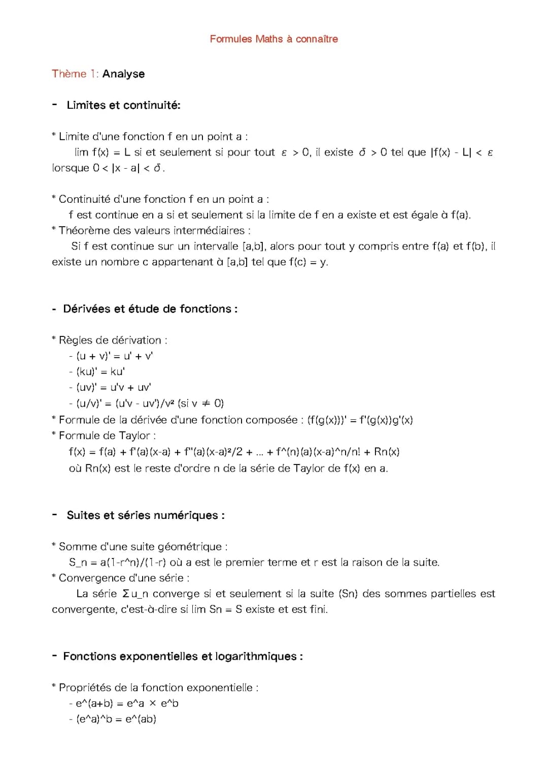 Résumé des formules de Mathématiques de Terminal 