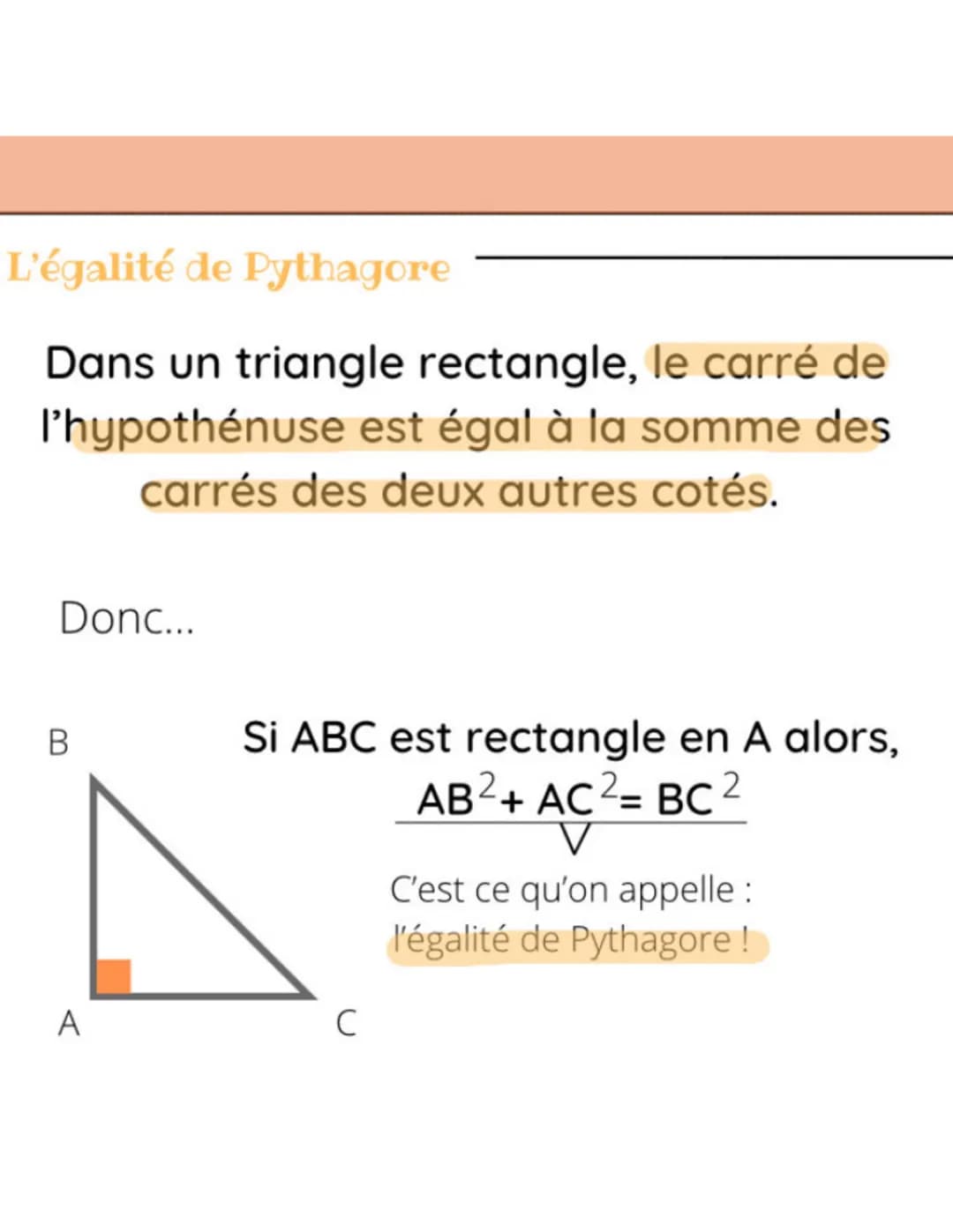 LE THÉORÈME DE
PYTHAGORE
90*
PAR @ CRÈMEFOUETTÉE
Quelques notions...
Hypoténuse
= coté le plus long d'un triangle
et opposé à l'angle droit 