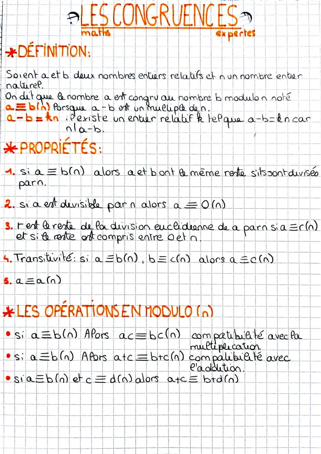 LES CONGRUENCES
*DÉFINITION:
Soient a et b deux nombres entiers relatifs et n un nombre enter
naturel.
le nombre a est
On dit
que
a=b(!)
con