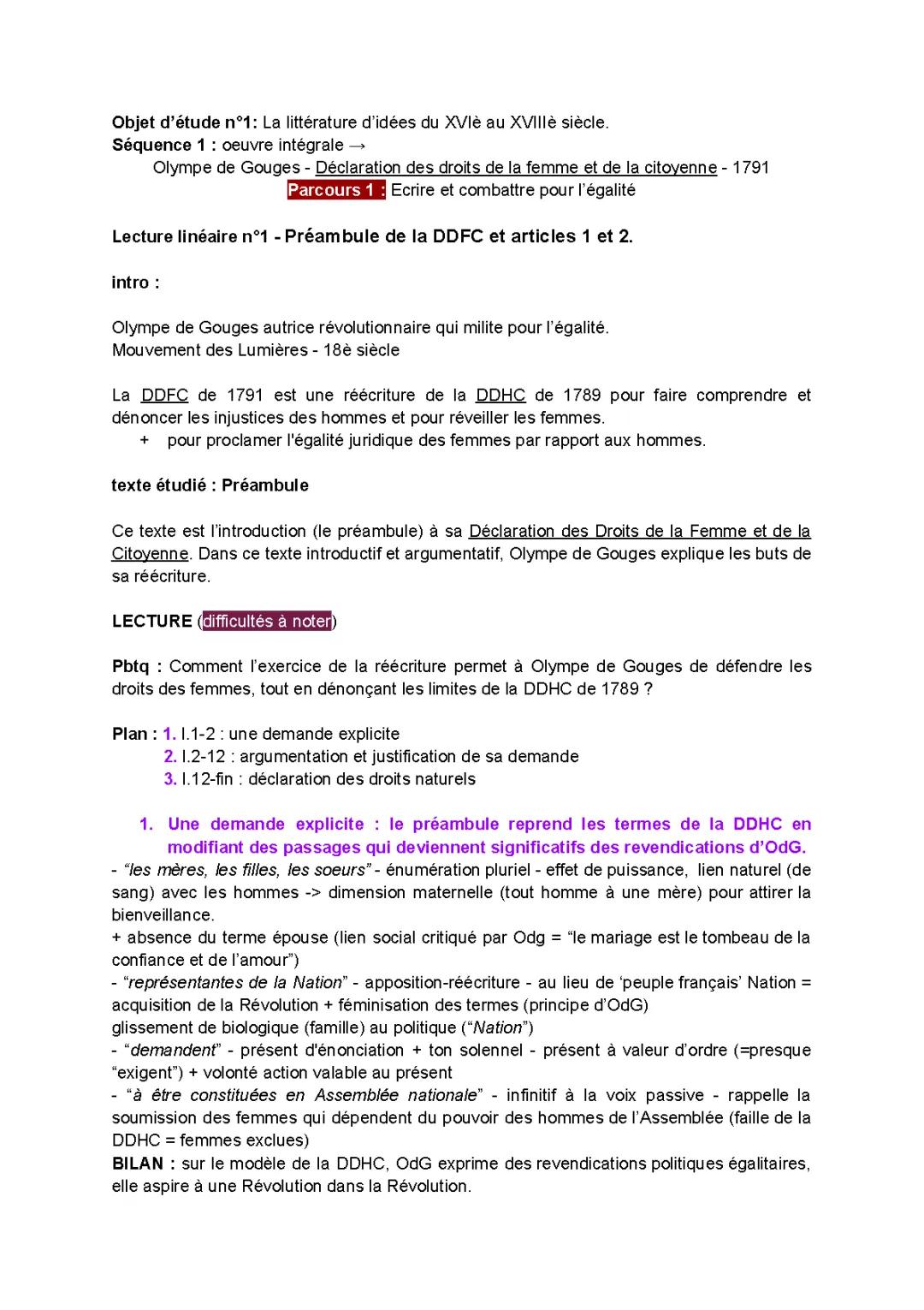 Analyse du préambule DDFC d'Olympe de Gouges et la Déclaration des Droits de l'Homme