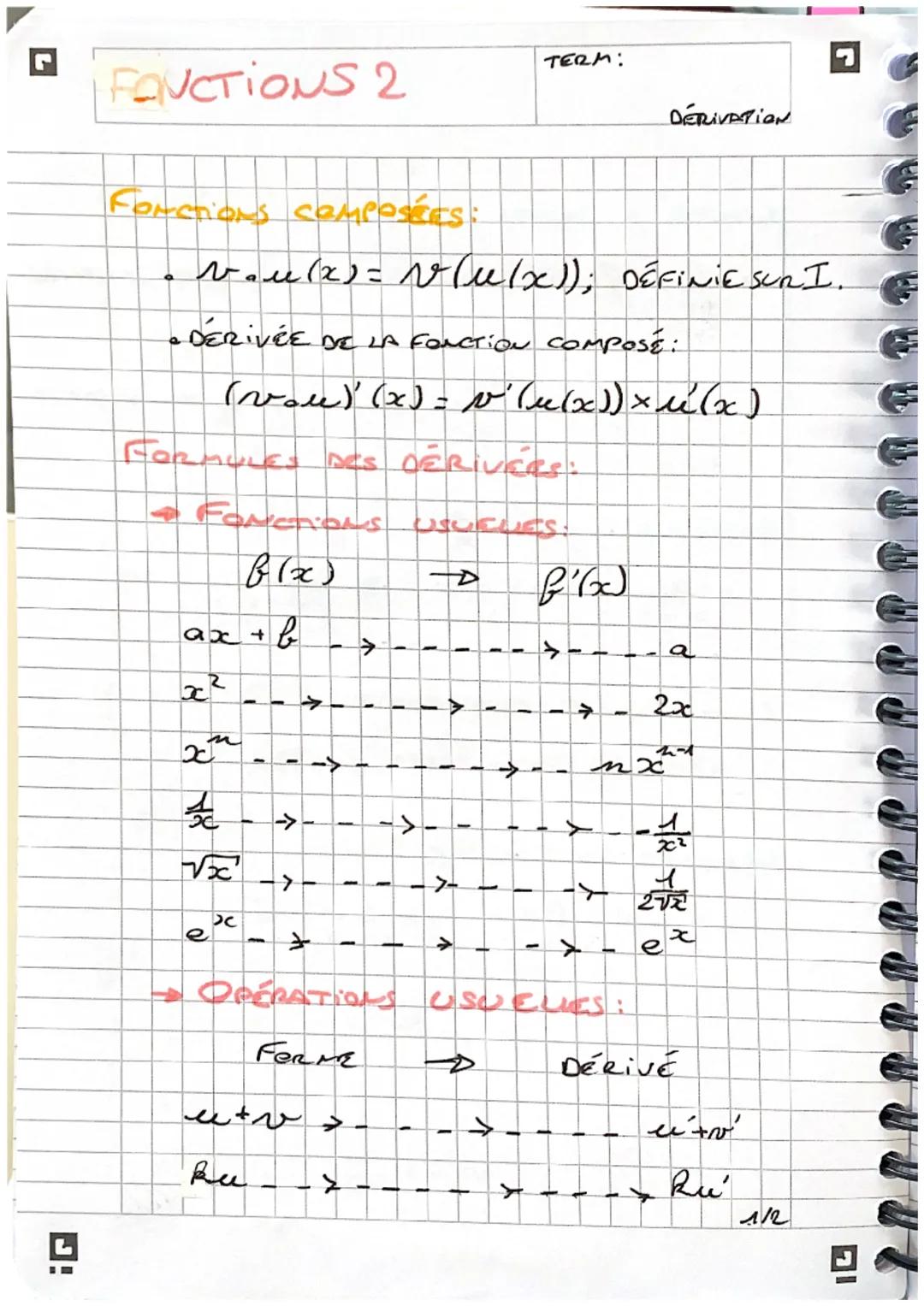 J!
FAUCTIONS 2
FONCTIONS COMPOSécs:
vau(x)= v(u(x)); DÉFINIE SURI.
• DERIVÉE DE LA FONCTION COMPOSE:
FORMULES DES DERIVERS:
FONCTIONS USUCUE