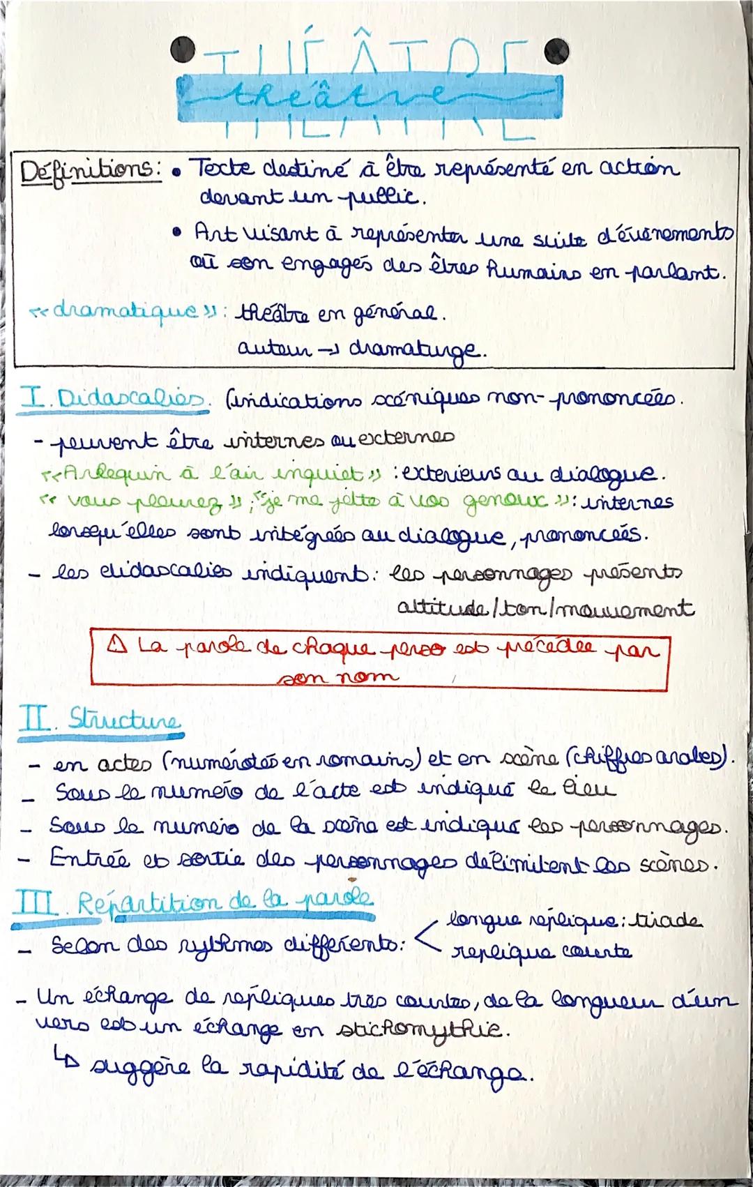 # THÉÂTRE

Définitions: • Texte destiné à être représenté en action
devant un public.

• Art visant à représenter une suite d'événements
où 