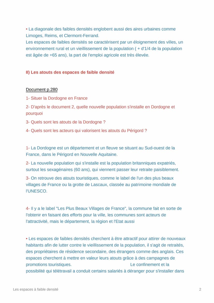 Les espaces à faible densité
• Les espaces de faible densité en France regroupent 42% du territoire
français, soit 6,5% de la population. Le