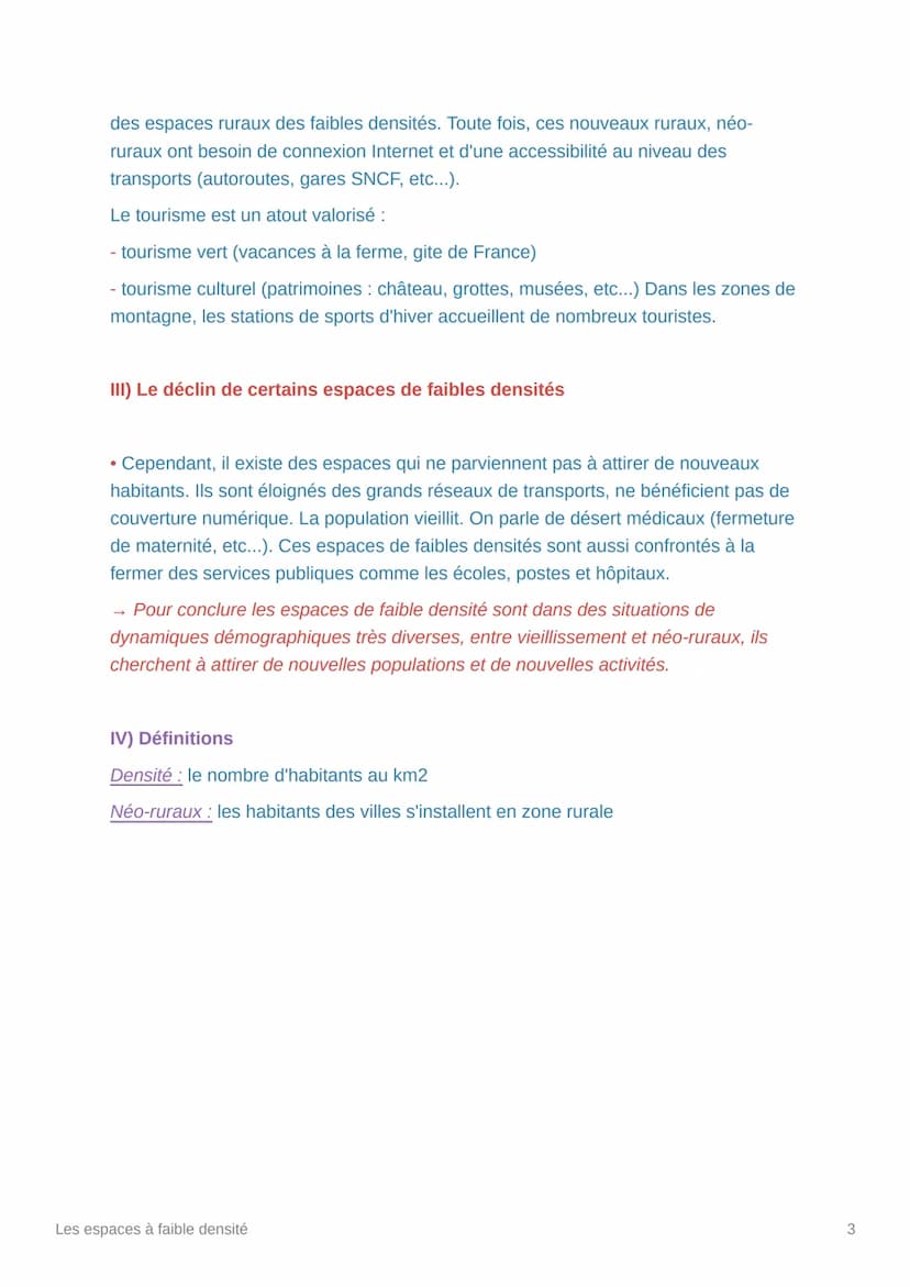 Les espaces à faible densité
• Les espaces de faible densité en France regroupent 42% du territoire
français, soit 6,5% de la population. Le