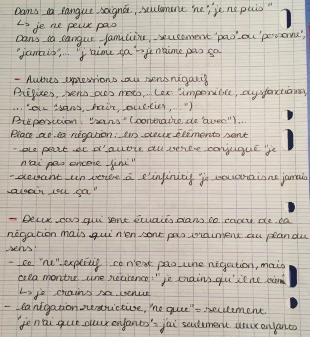 La négation
Totale
On parle de négation tocale quand le verbe est
accompagné de ne pas" (ou "ne point", "he nullement.
dans le langage litté