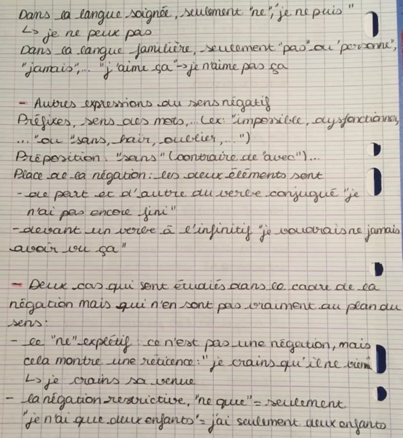 La négation
Totale
On parle de négation tocale quand le verbe est
accompagné de ne pas" (ou "ne point", "he nullement.
dans le langage litté