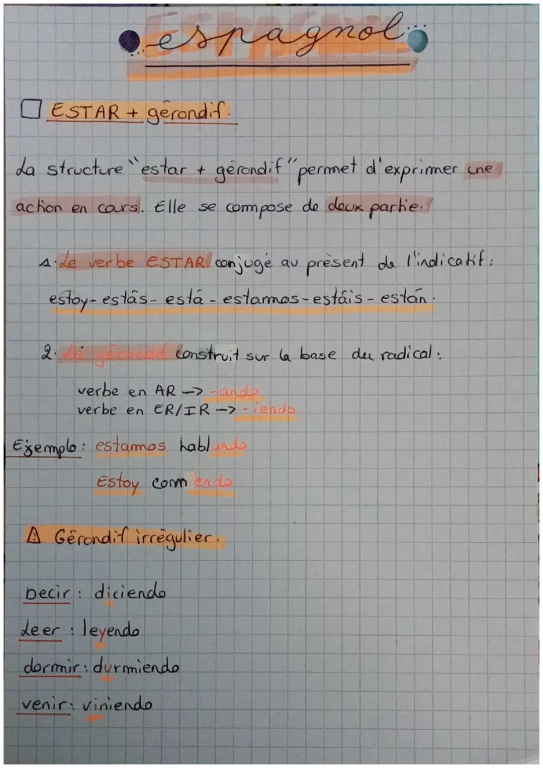 # espagnol

ESTAR + gerondif.

La structure "estar + gerondif "permet d'exprimer une
action en cours. Elle se compose de deux partie.

A.de 