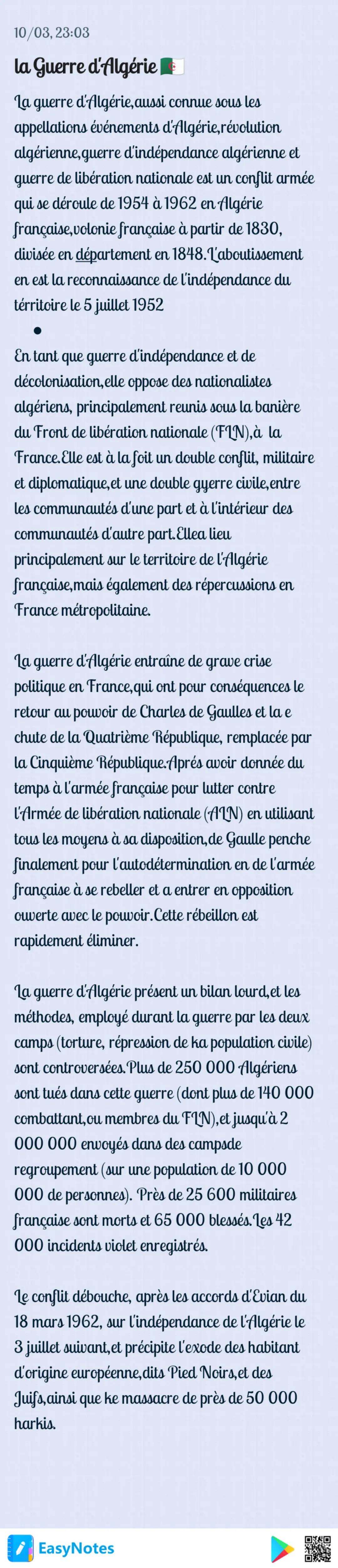 10/03, 23:03
la Guerre d'Algérie
La guerre d'Algérie, aussi connue sous les
appellations événements d'Algérie, révolution
algérienne, querre