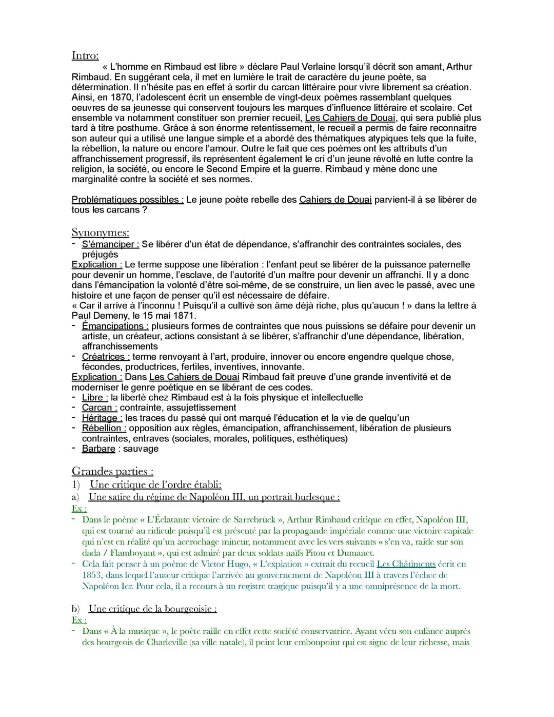 plans de dissertation possibles sur les cahiers de douai de Rimbaud