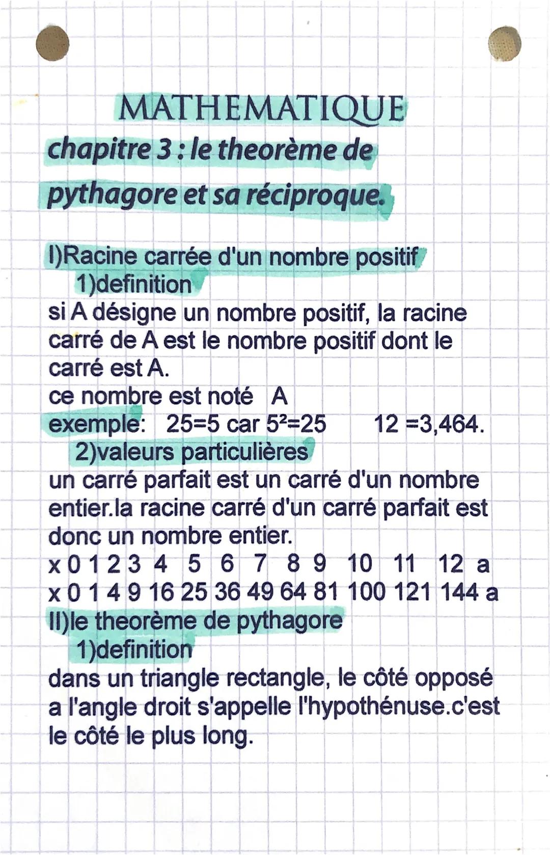 MATHEMATIQUE
chapitre 3: le theorème de
pythagore et sa réciproque.
I)Racine carrée d'un nombre positif
1)definition
si A désigne un nombre 