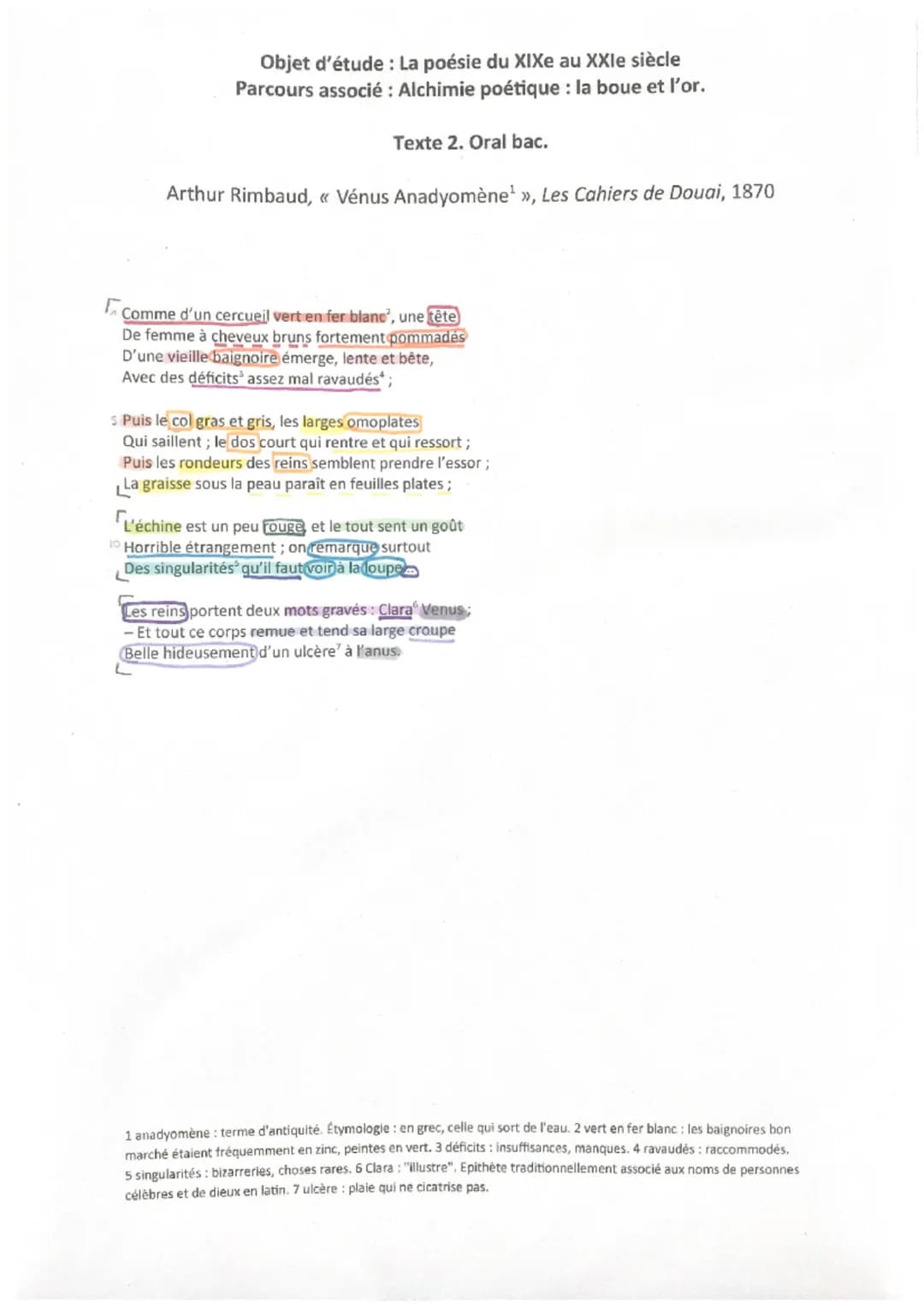Objet d'étude : La poésie du XIXe au XXIe siècle
Parcours associé: Alchimie poétique : la boue et l'or.
Texte 2. Oral bac.
Arthur Rimbaud, «