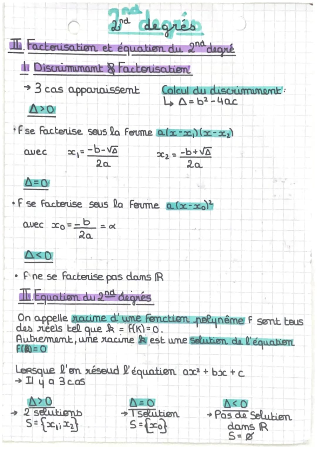 2nd degrés
Facterisation et équation du 2nd degré
Discriminant & Factorisation
→ 3 cas apparaissent
A>O
Fse facterise sous la forme a (x-x₁)