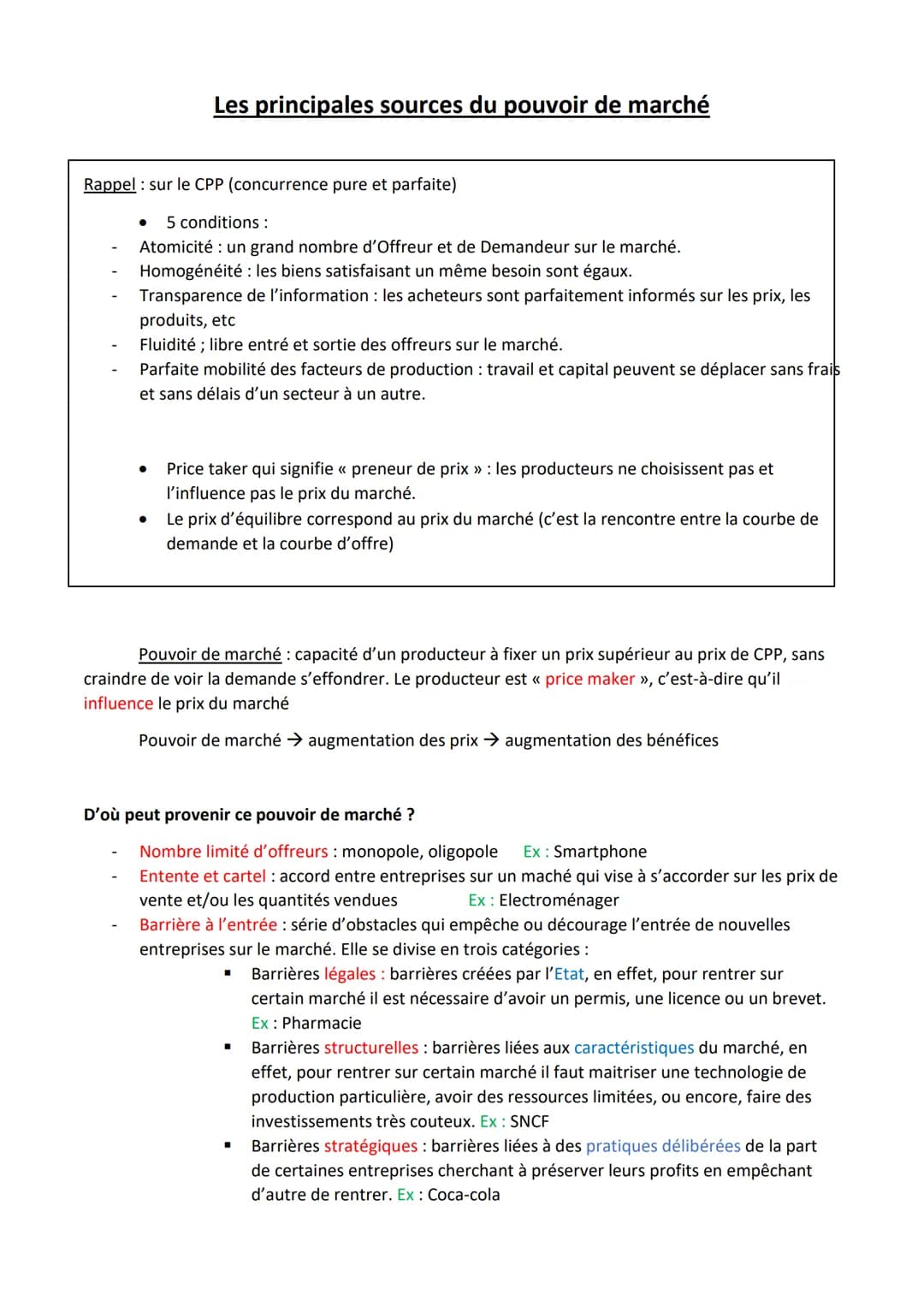 Les principales sources du pouvoir de marché
Rappel : sur le CPP (concurrence pure et parfaite)
5 conditions :
Atomicité : un grand nombre d