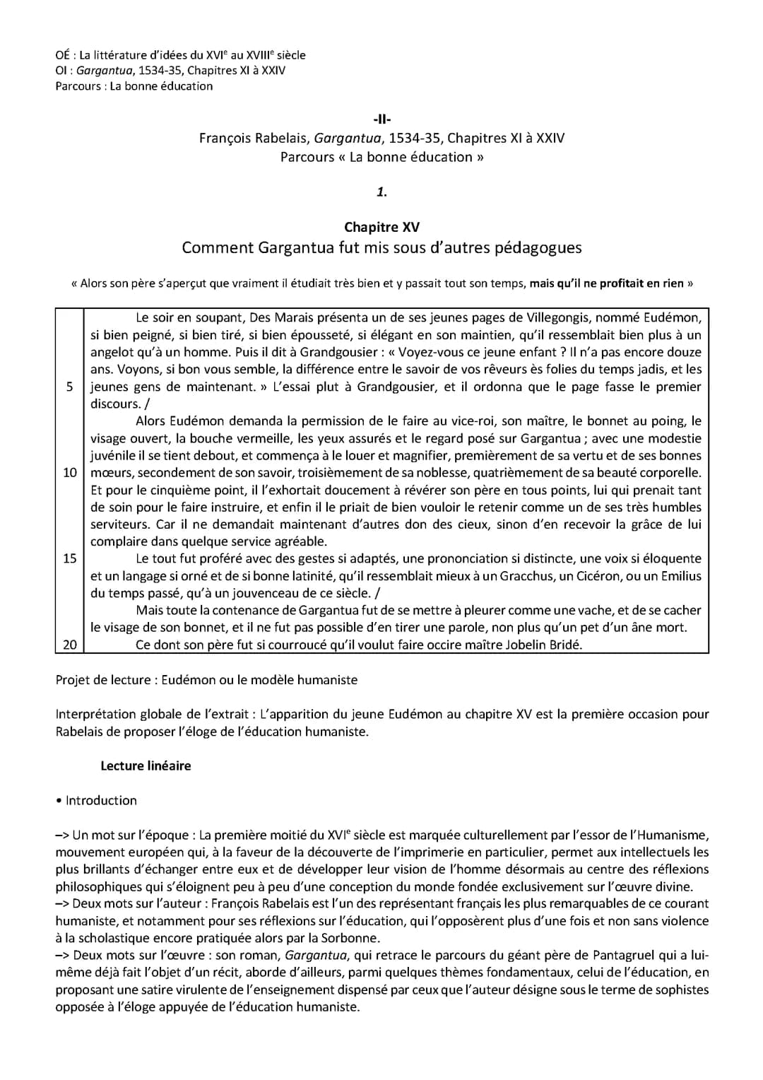 LECTURE LINEAIRE GARGANTUA