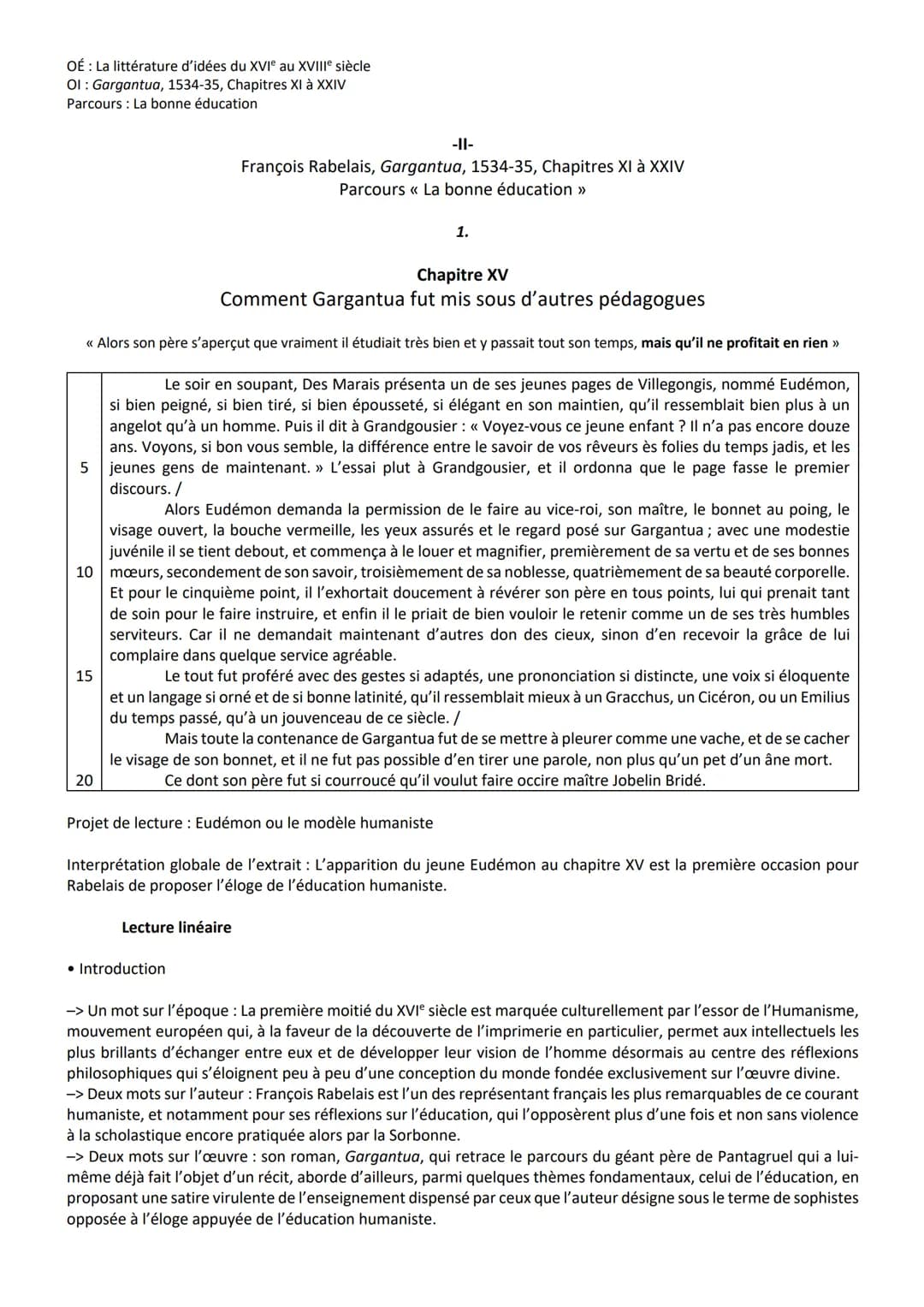 OÉ: La littérature d'idées du XVIe au XVIIIe siècle
Ol: Gargantua, 1534-35, Chapitres XI à XXIV
Parcours La bonne éducation
-II-
François Ra