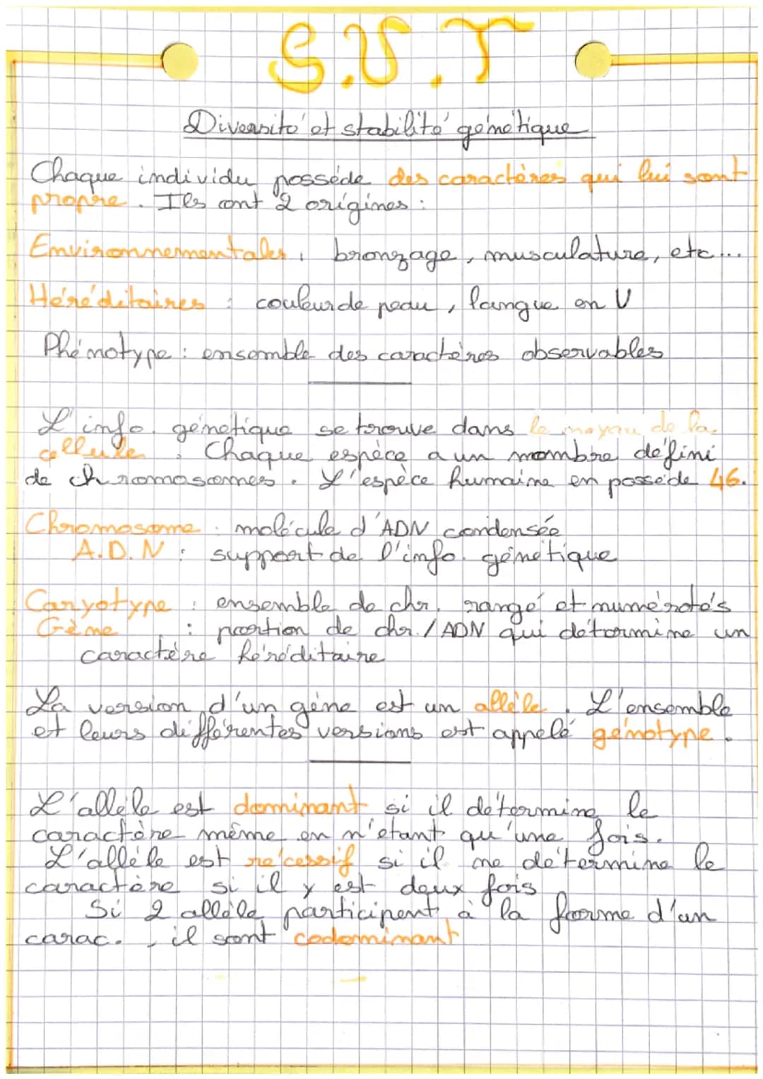 SU T
Diversito et stabilité genetique
Chaque individu possède des caractères qui lui sont
propre. Ils cont 2 origines :
Environnementales, b