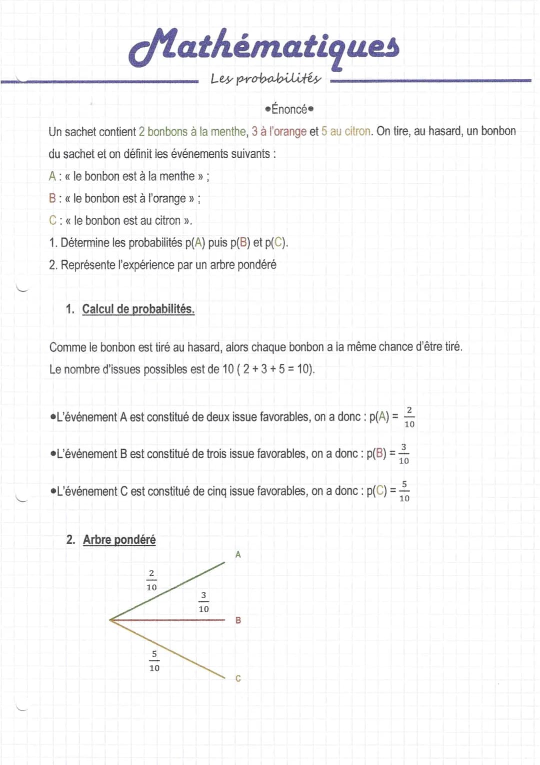Mathématiques
Les probabilités
Énoncé
Un sachet contient 2 bonbons à la menthe, 3 à l'orange et 5 au citron. On tire, au hasard, un bonbon
d