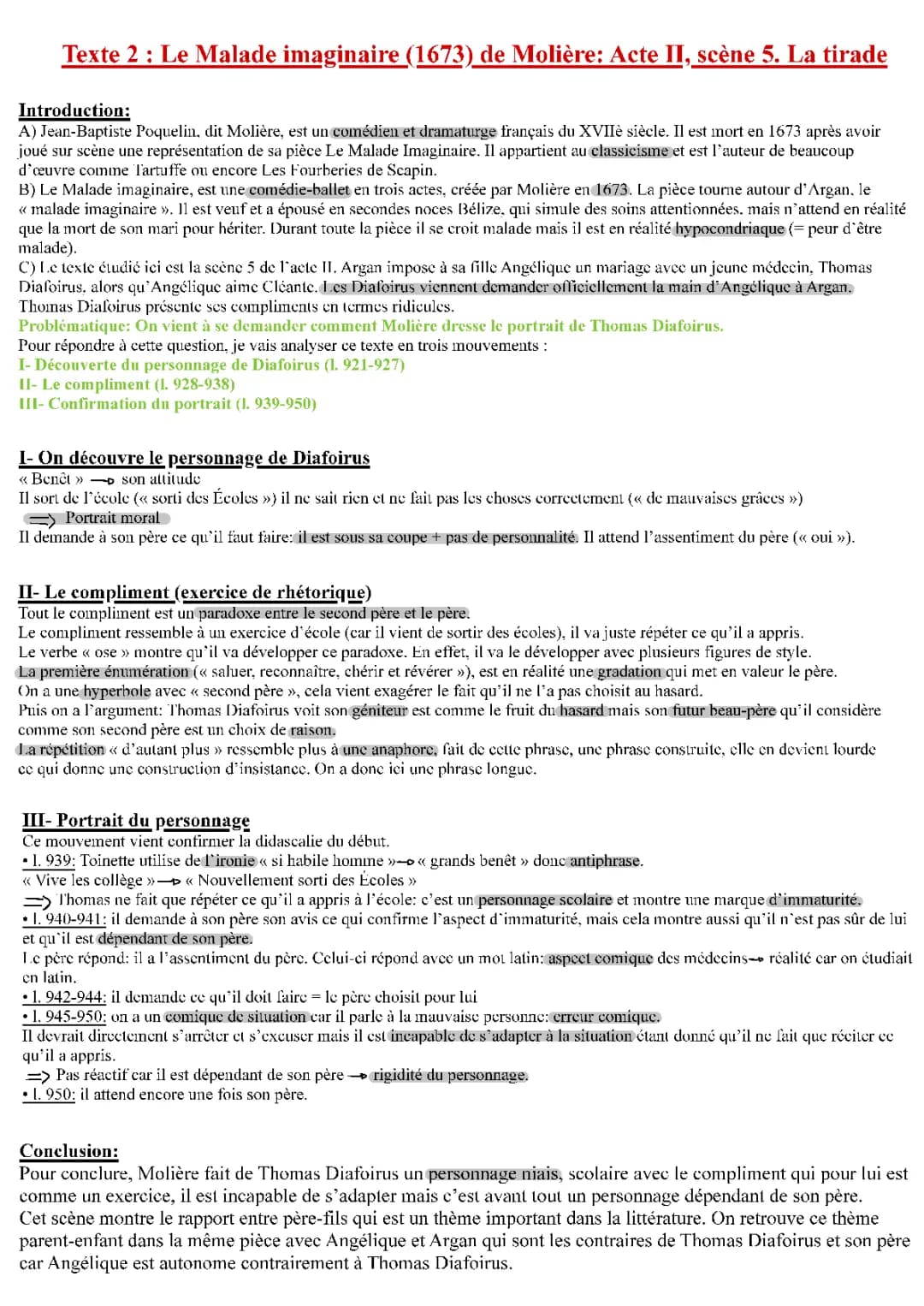 Le Malade Imaginaire Acte 2 Scène 5 Analyse Linéaire PDF et Résumé
