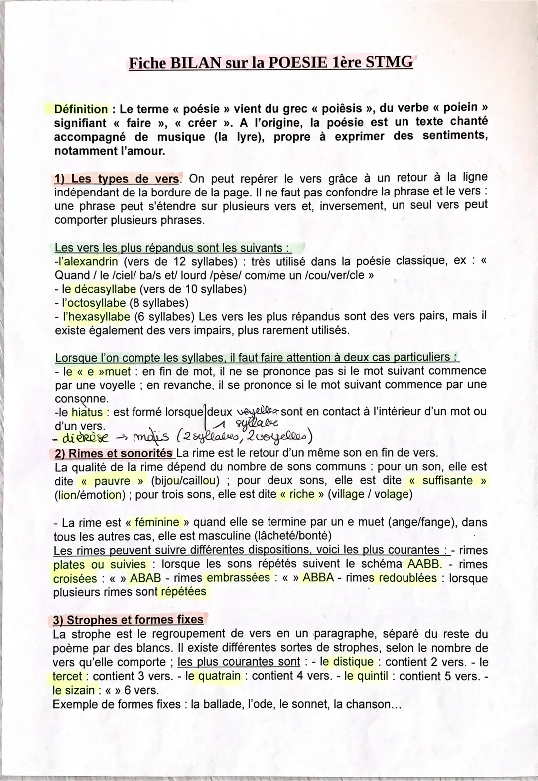 Fiche BILAN sur la POESIE 1ère STMG
Définition: Le terme « poésie » vient du grec « poiêsis », du verbe « poiein >>
signifiant « faire », « 