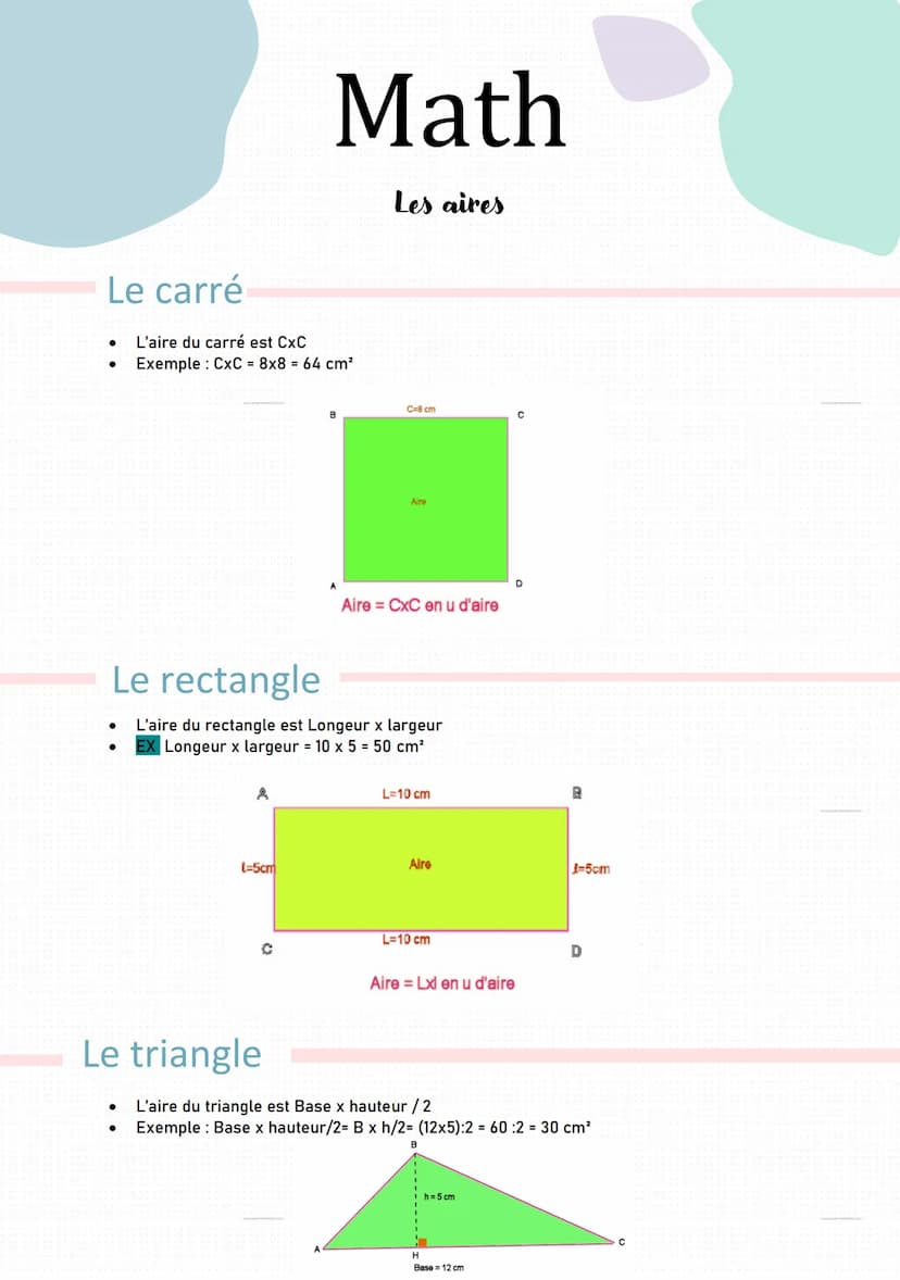 Le carré
L'aire du carré est CxC
Exemple: CxC = 8x8 = 64 cm²
●
Math
L=5cm
Le triangle
Les aires
C=8 cm
Le rectangle
L'aire du rectangle est 